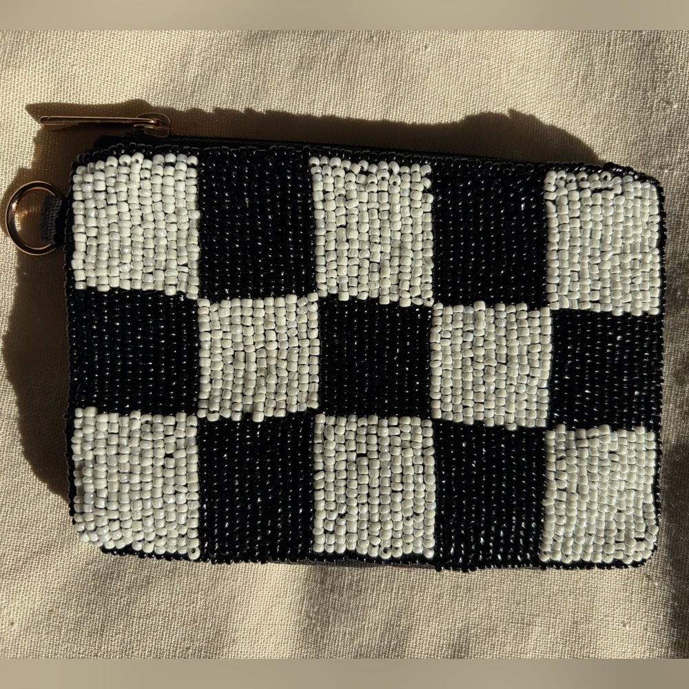 Universal Thread Black and White Beaded Checkered Wallet Coin Purse Gold Zipper